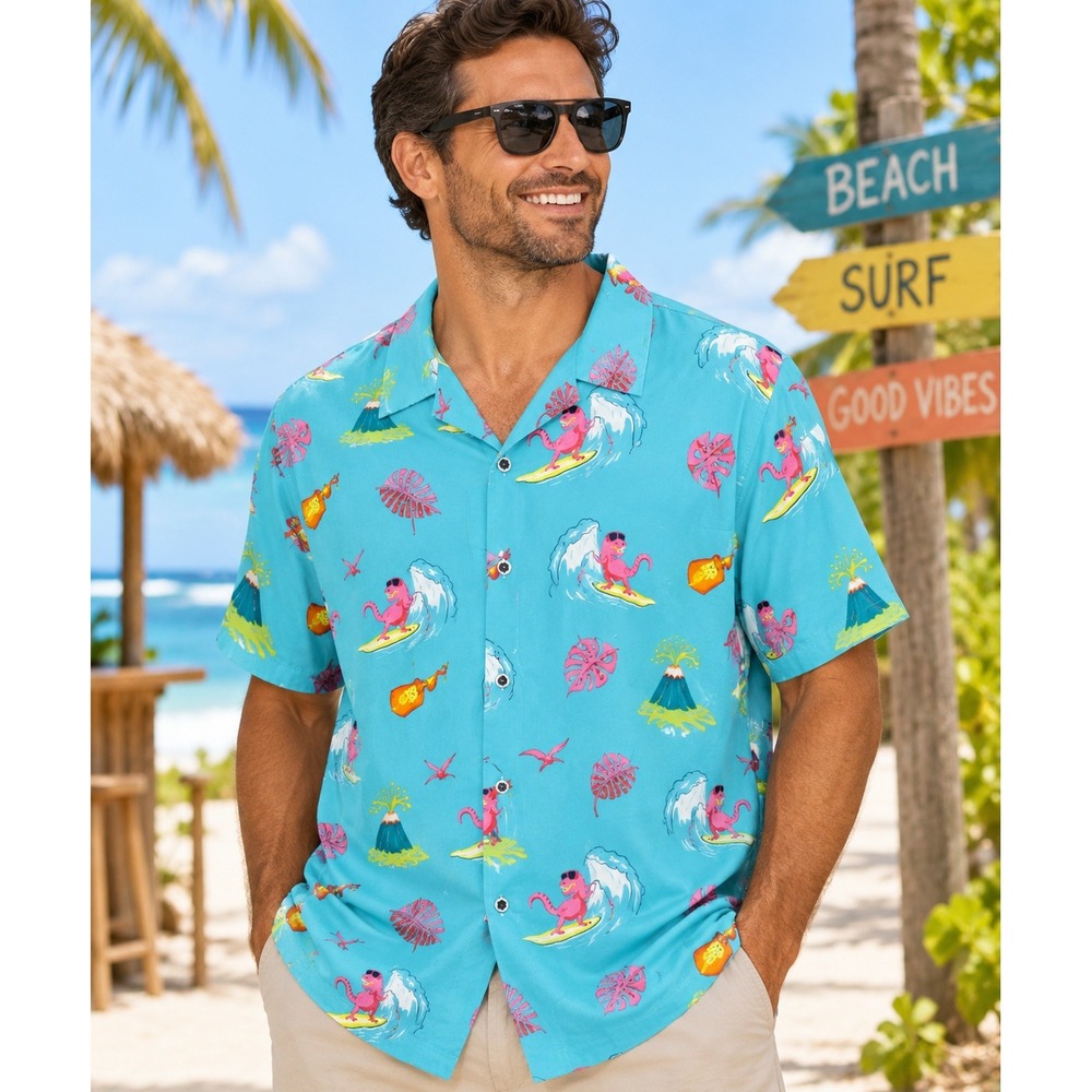 Huntington BC 2X Surfing Dinosaur Hawaiian Shirt Blue Tropical Rayon